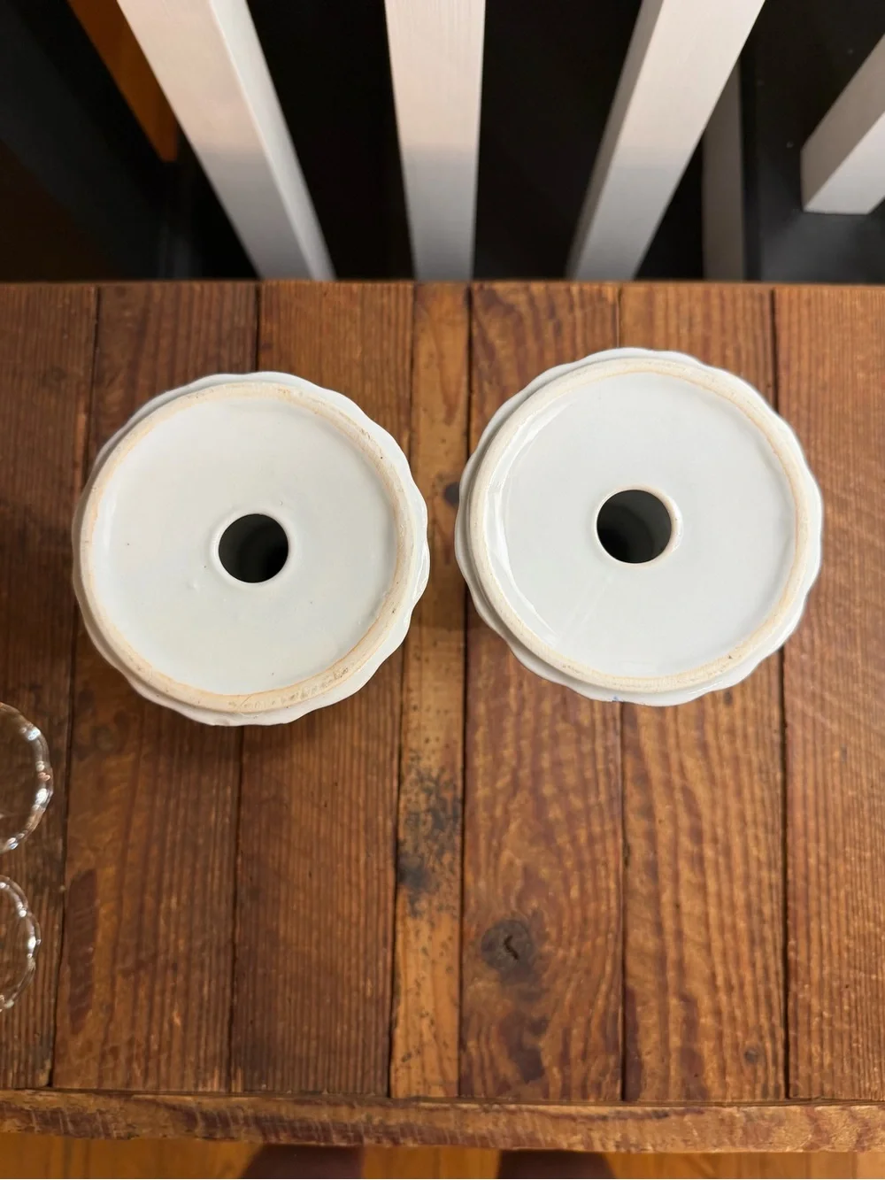 Pair of Blue and White Ceramic Candlesticks with Vintage Tulip Glass Votive Cups